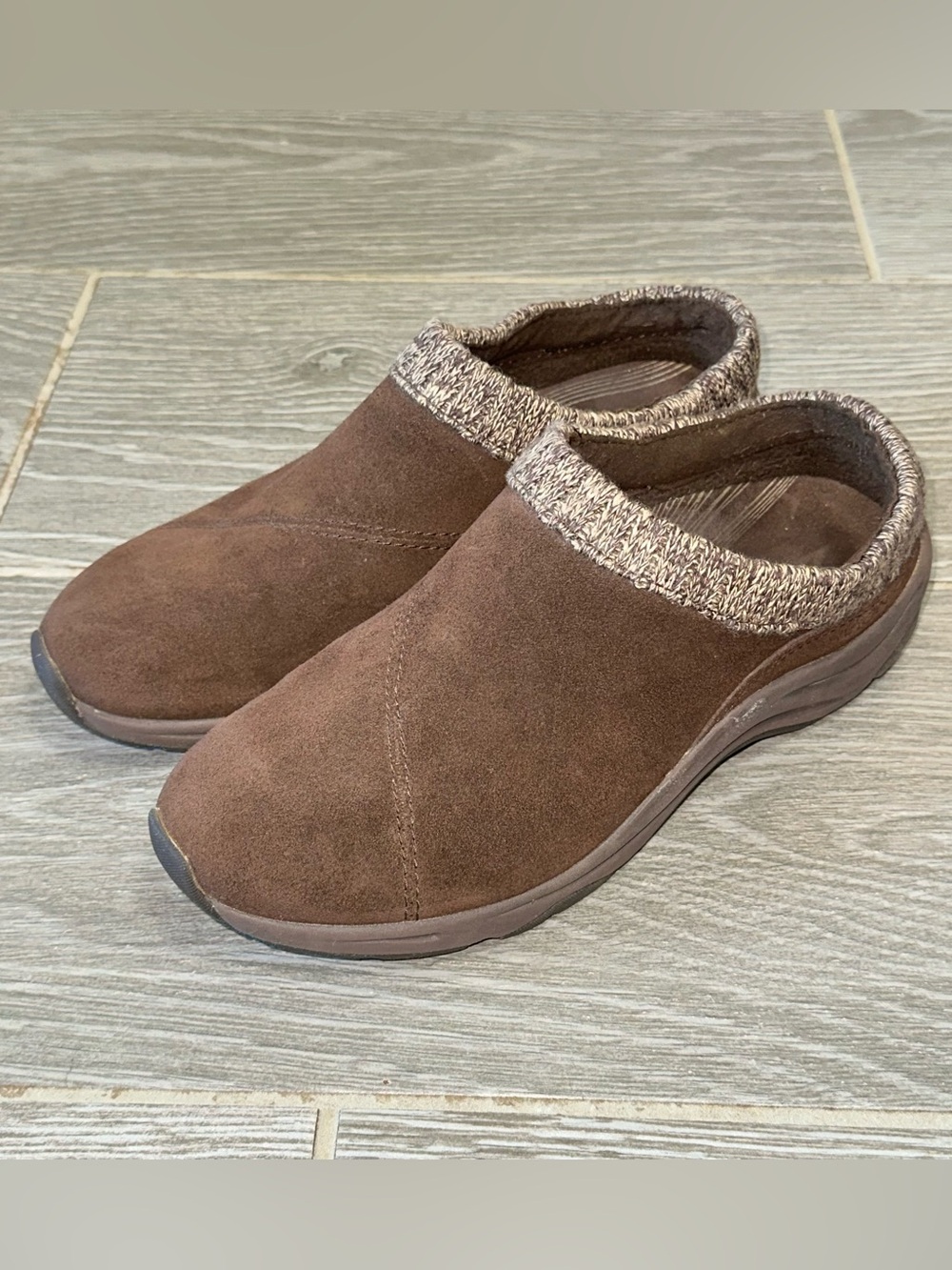 Vionic Arbor Suede Slip-On Mules Brown Shoes Women’s 7.5W Knit Collar Clogs